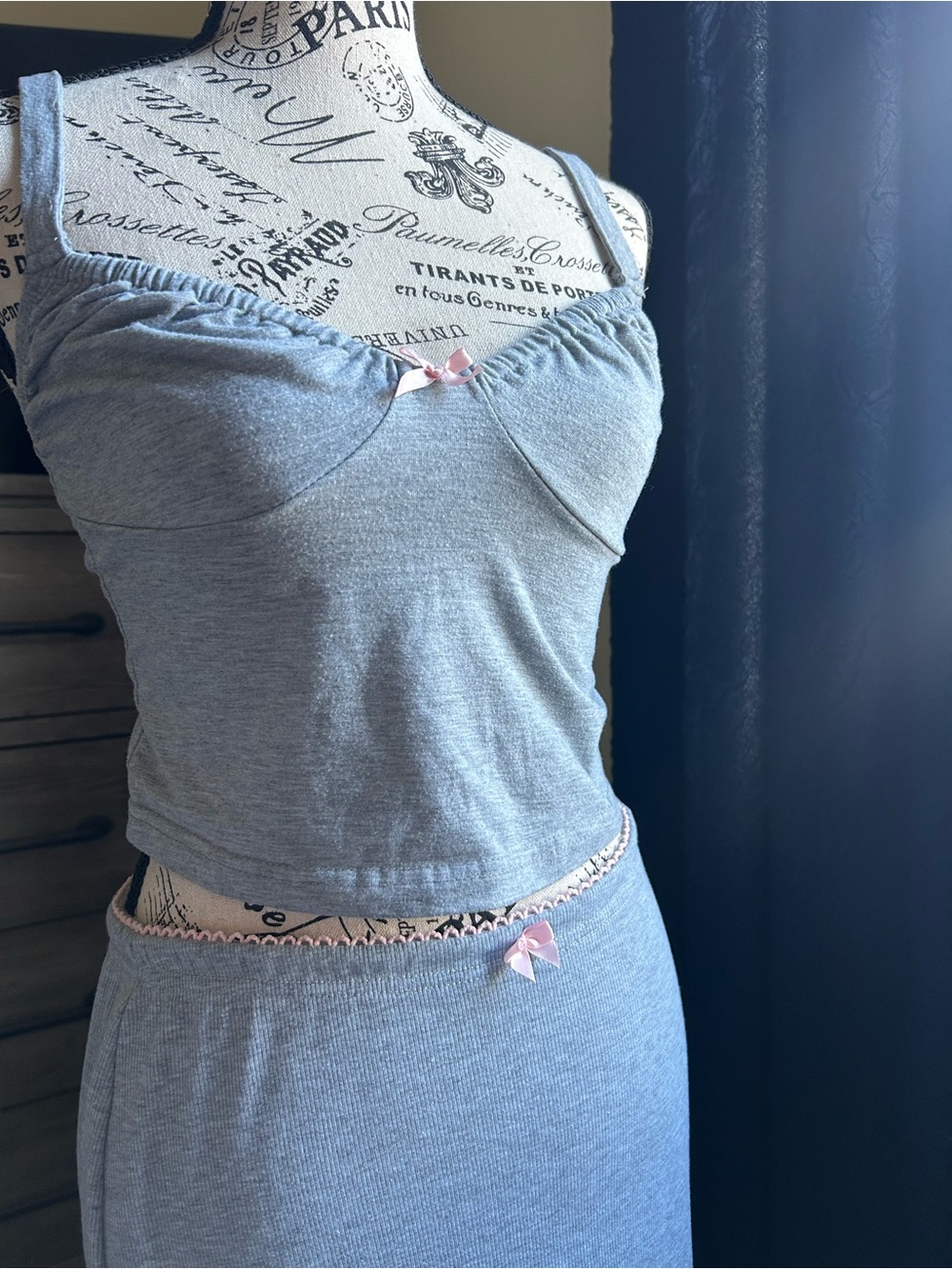 Gray Women's Two-Piece Intimate Tank and Skirt Set with Pink Bow